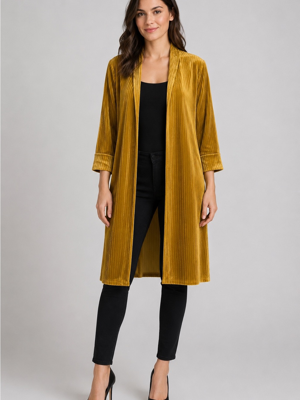 Ember Women’s Mustard Gold Ribbed Velvet Long Kimono Cardigan Size M NWT